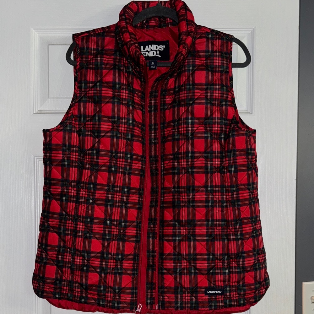 Lands' End Red Tartan Quilted Vest - Picture 2 of 8